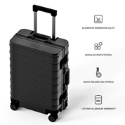 A black hard-shell rolling suitcase shown on a light gray background with feature callouts and text describing aluminium magnesium alloy construction, modular parts system, quick release 360 wheels, and lifetime aluminium warranty.