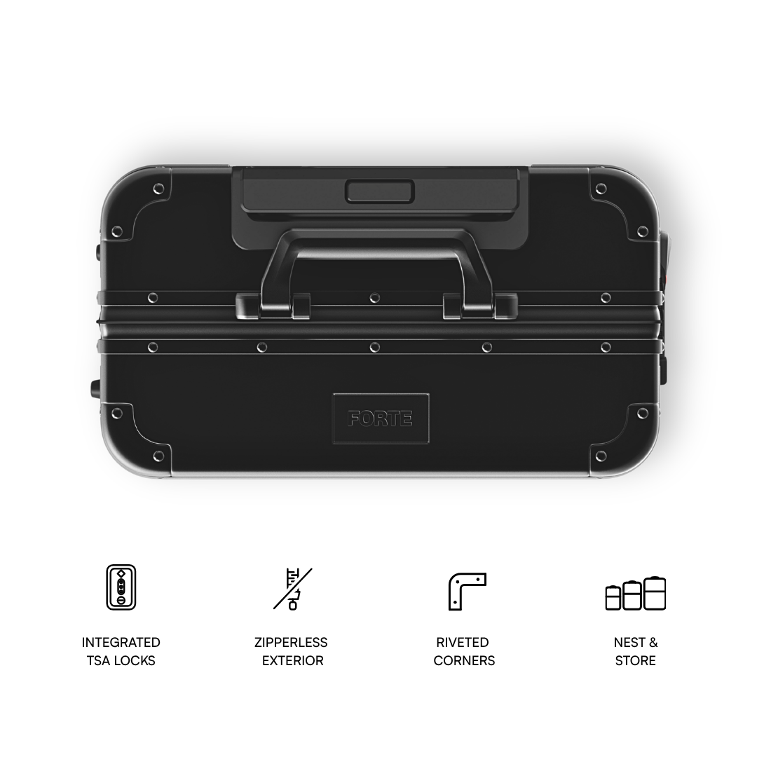 A black hard-shell carrying case shown from above on a white background, with feature icons and text below: integrated TSA locks, zipperless exterior, riveted corners, and nest & store.