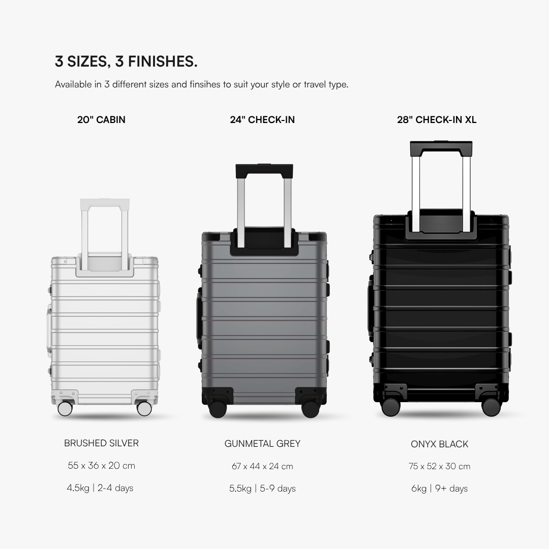 A size and finish comparison chart showing three hard-shell spinner suitcases: a brushed silver 20" cabin suitcase, a gunmetal grey 24" check-in suitcase, and an onyx black 28" check-in XL suitcase, with dimensions and weights listed below each.