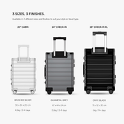 A size and finish comparison chart showing three hard-shell spinner suitcases: a brushed silver 20" cabin suitcase, a gunmetal grey 24" check-in suitcase, and an onyx black 28" check-in XL suitcase, with dimensions and weights listed below each.