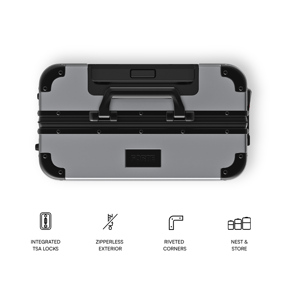 A gray and black hard-shell travel case shown from a top-down view on a white background, with feature icons and text below highlighting integrated TSA locks, zipperless exterior, riveted corners, and nest & store capability.