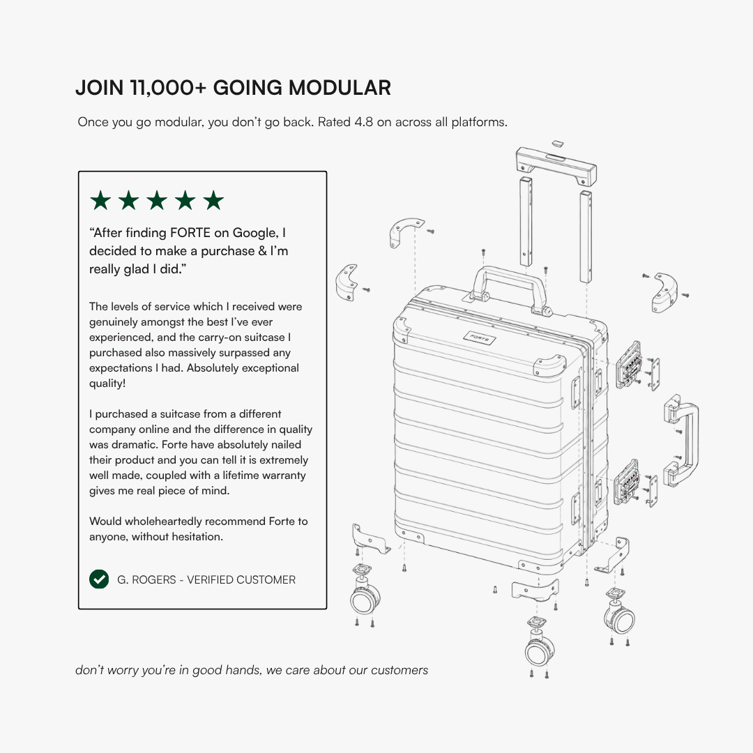 Promotional graphic for a modular suitcase, showing a 3D exploded view of the suitcase with labeled parts and a customer review box on a light gray background.