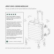 Promotional graphic for a modular suitcase, showing a 3D exploded view of the suitcase with labeled parts and a customer review box on a light gray background.