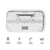 A top-down view of a light gray aluminum hard case with a handle, corner protectors, and a central FORTE logo plate. Below the product are four black line icons and text describing features: integrated TSA locks, zipperless exterior, riveted corners, and nest & store.